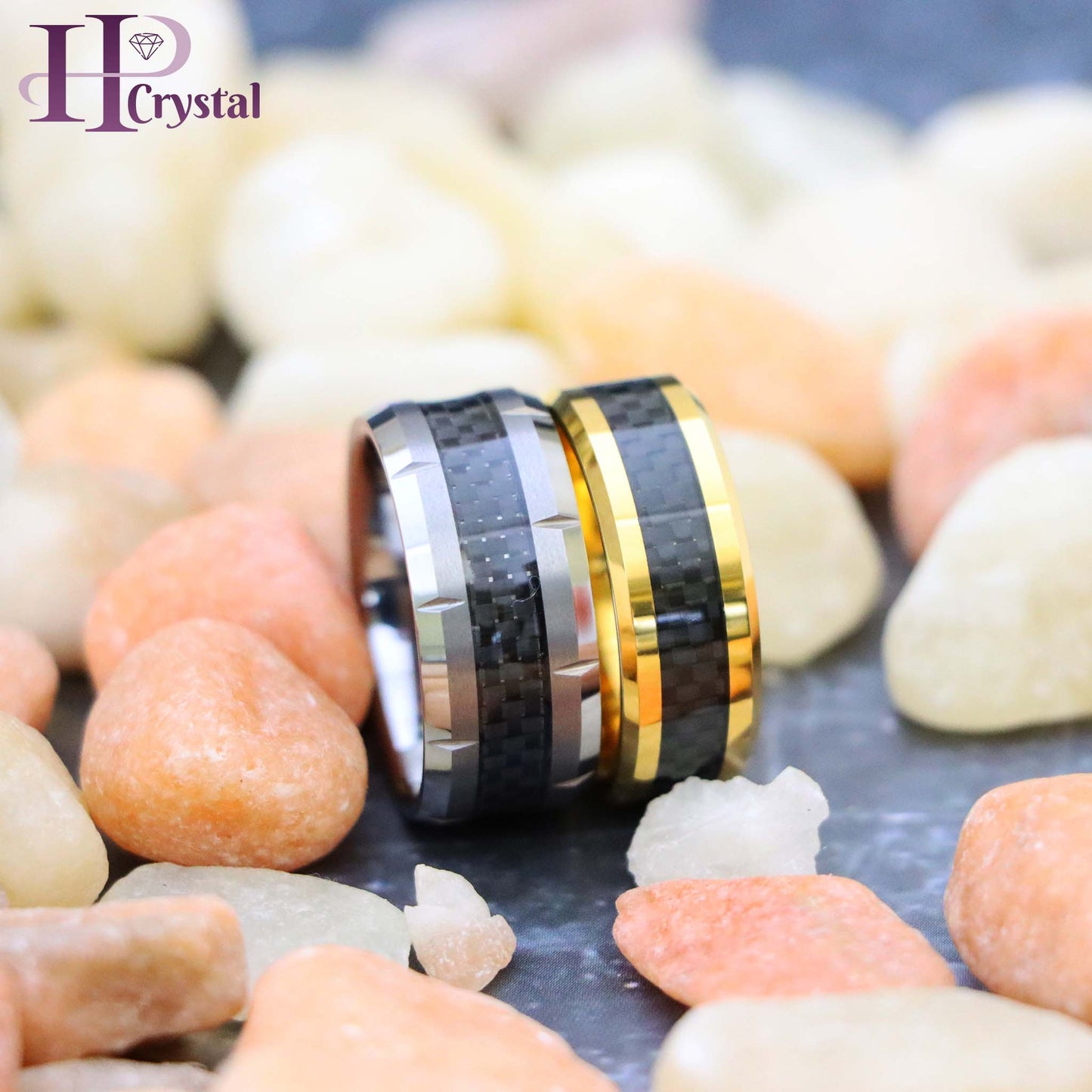 Yellow Gold/Silver Plated High Polish with Black Carbon Fiber Inlay Beveled Edge Tungsten Ring