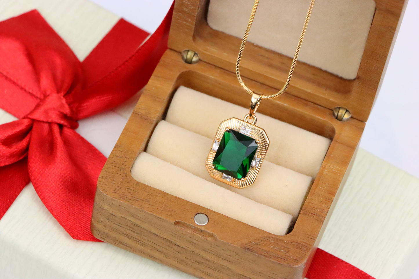 Green Emerald Cut Pendant with Textured Gold Plated Frame, XPPT1783 (2162-8)