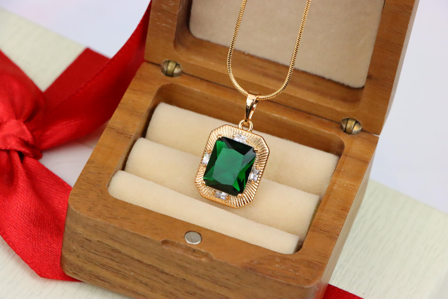Green Emerald Cut Pendant with Textured Gold Plated Frame, XPPT1783 (2162-8)