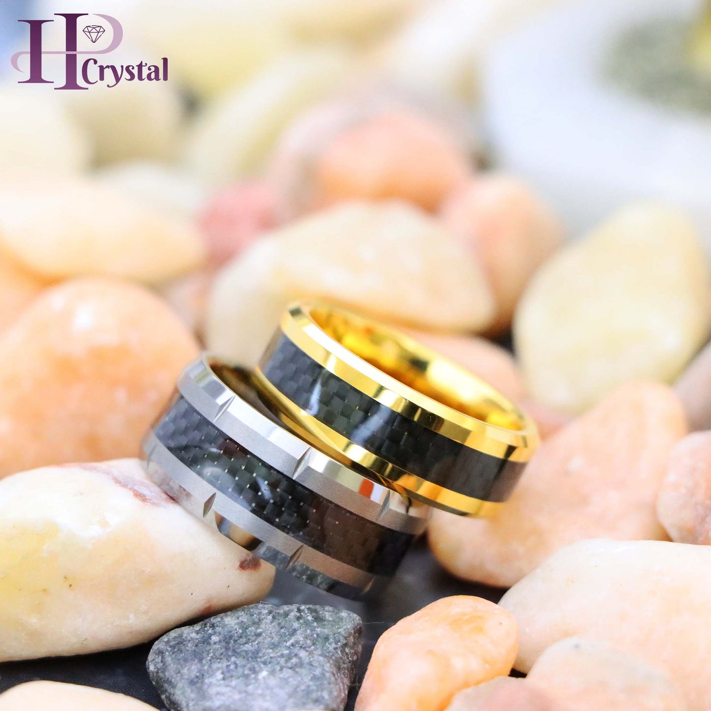 Yellow Gold/Silver Plated High Polish with Black Carbon Fiber Inlay Beveled Edge Tungsten Ring