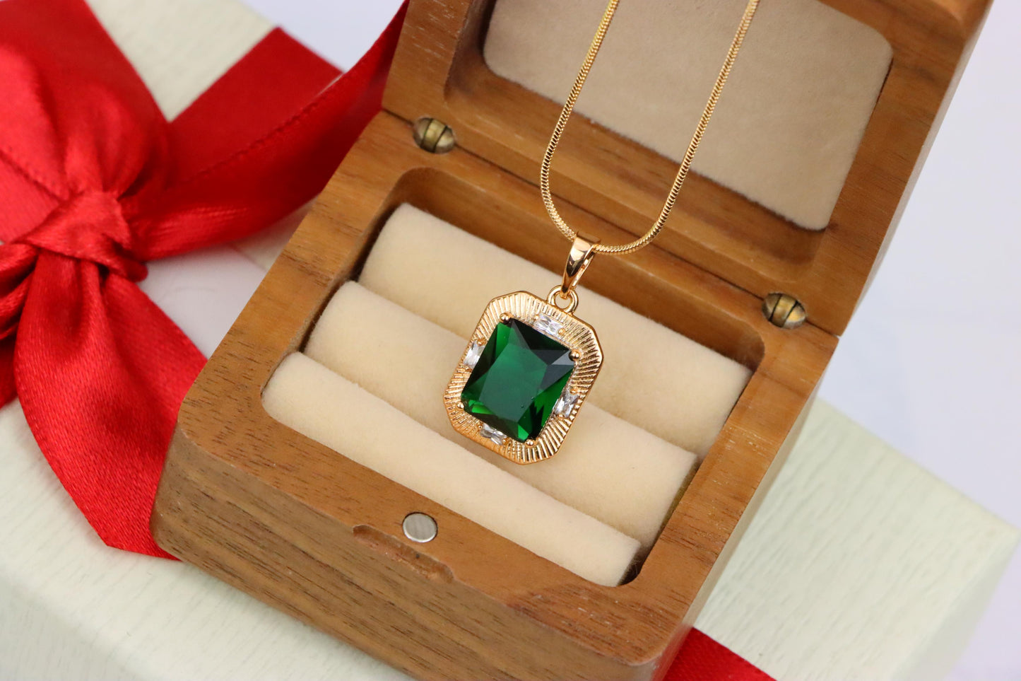 Green Emerald Cut Pendant with Textured Gold Plated Frame, XPPT1783 (2162-8)