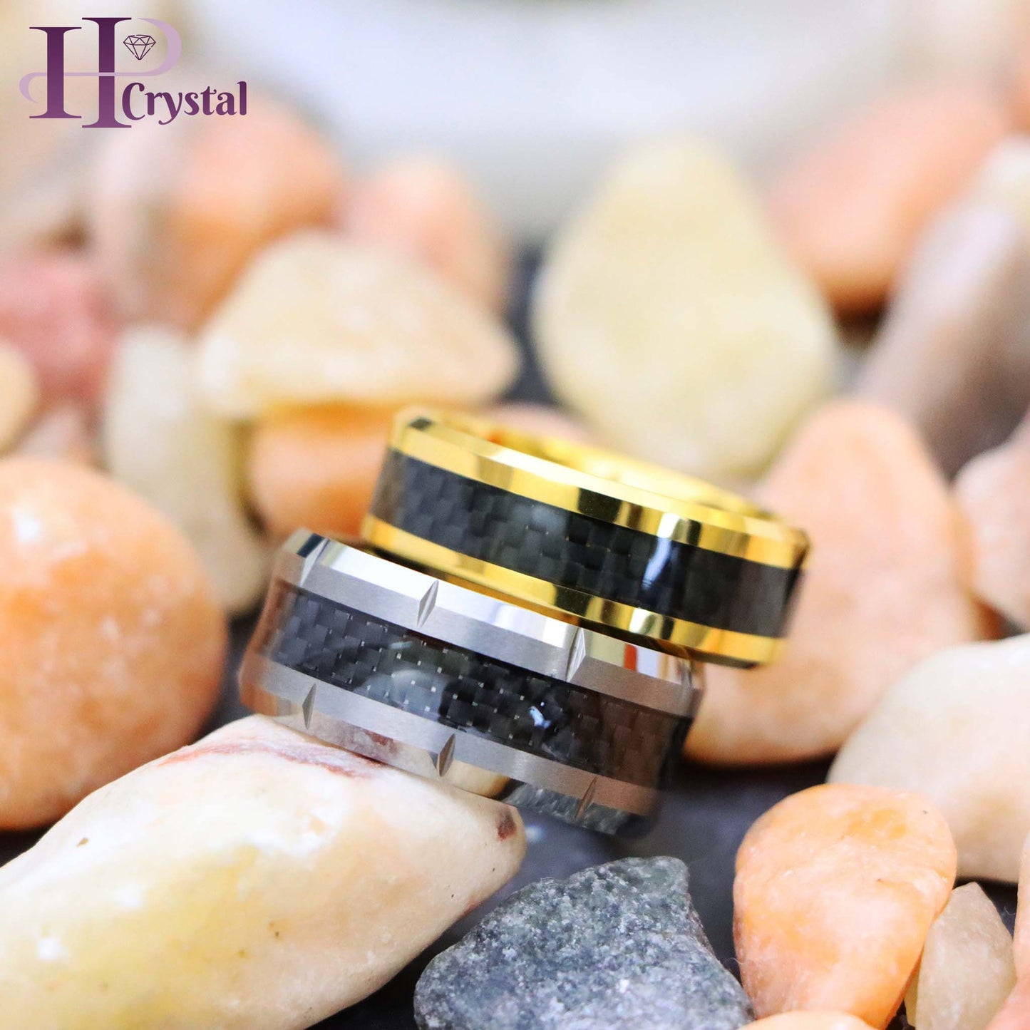 Yellow Gold/Silver Plated High Polish with Black Carbon Fiber Inlay Beveled Edge Tungsten Ring