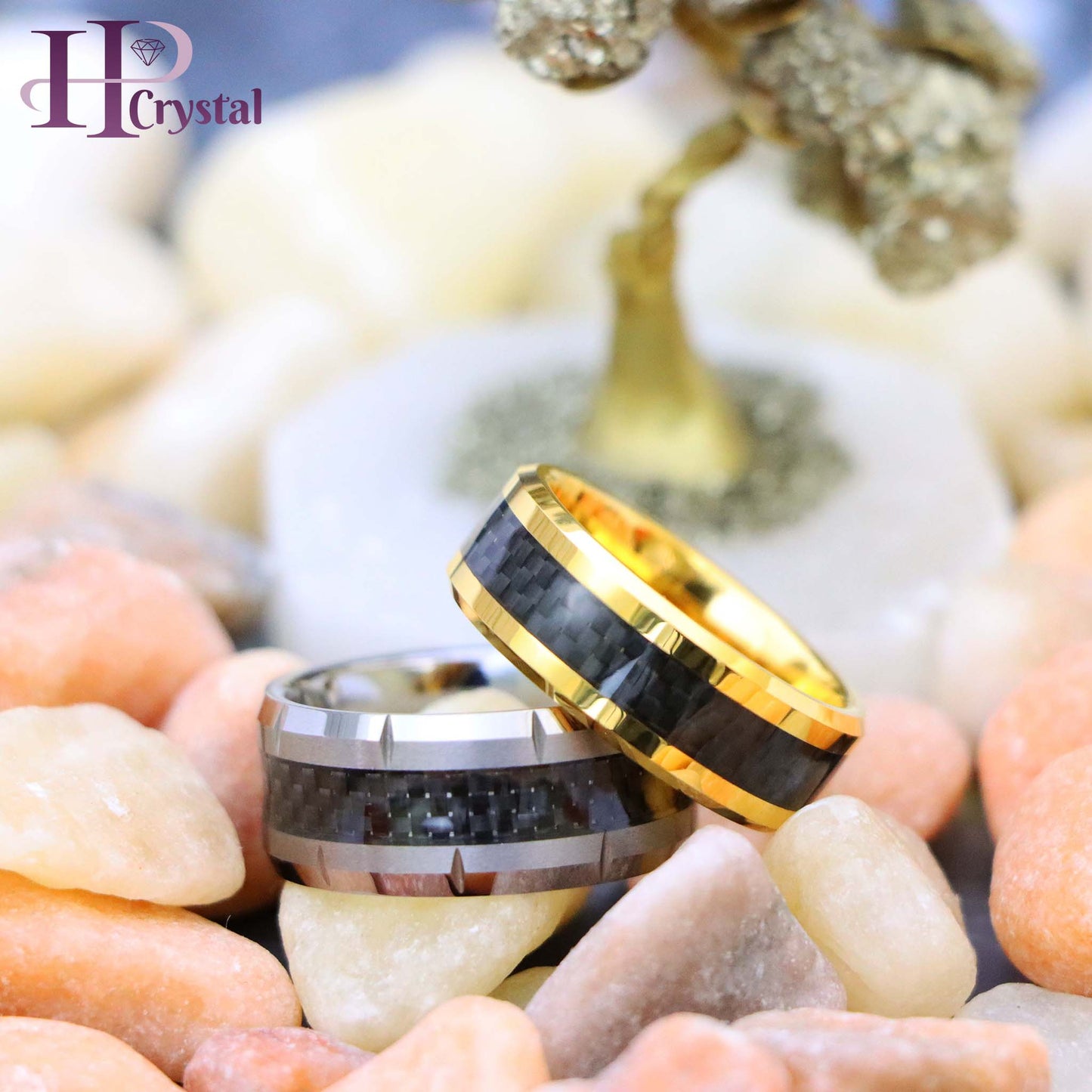 Yellow Gold/Silver Plated High Polish with Black Carbon Fiber Inlay Beveled Edge Tungsten Ring