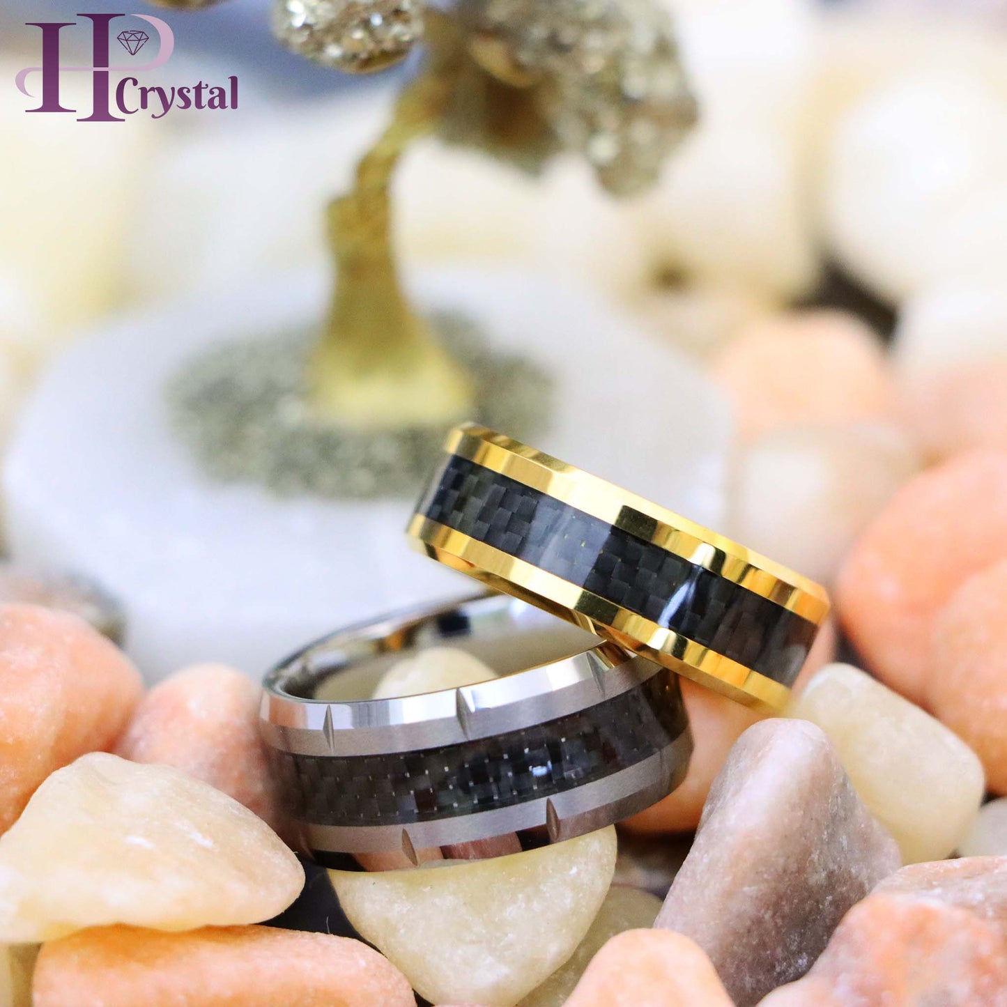 Yellow Gold/Silver Plated High Polish with Black Carbon Fiber Inlay Beveled Edge Tungsten Ring