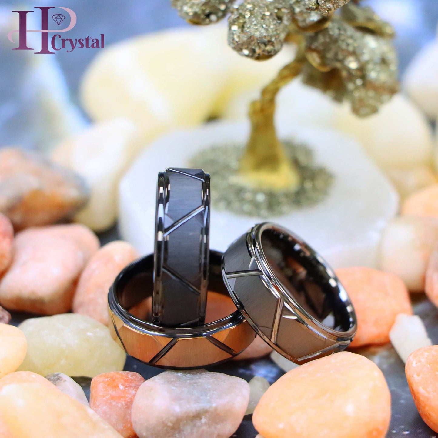 Black IP Brushed /Gun Metal IP Plated Trapezoid Center High Polished Rose Gold IP Grooves & Stepped Edge Tungsten Ring