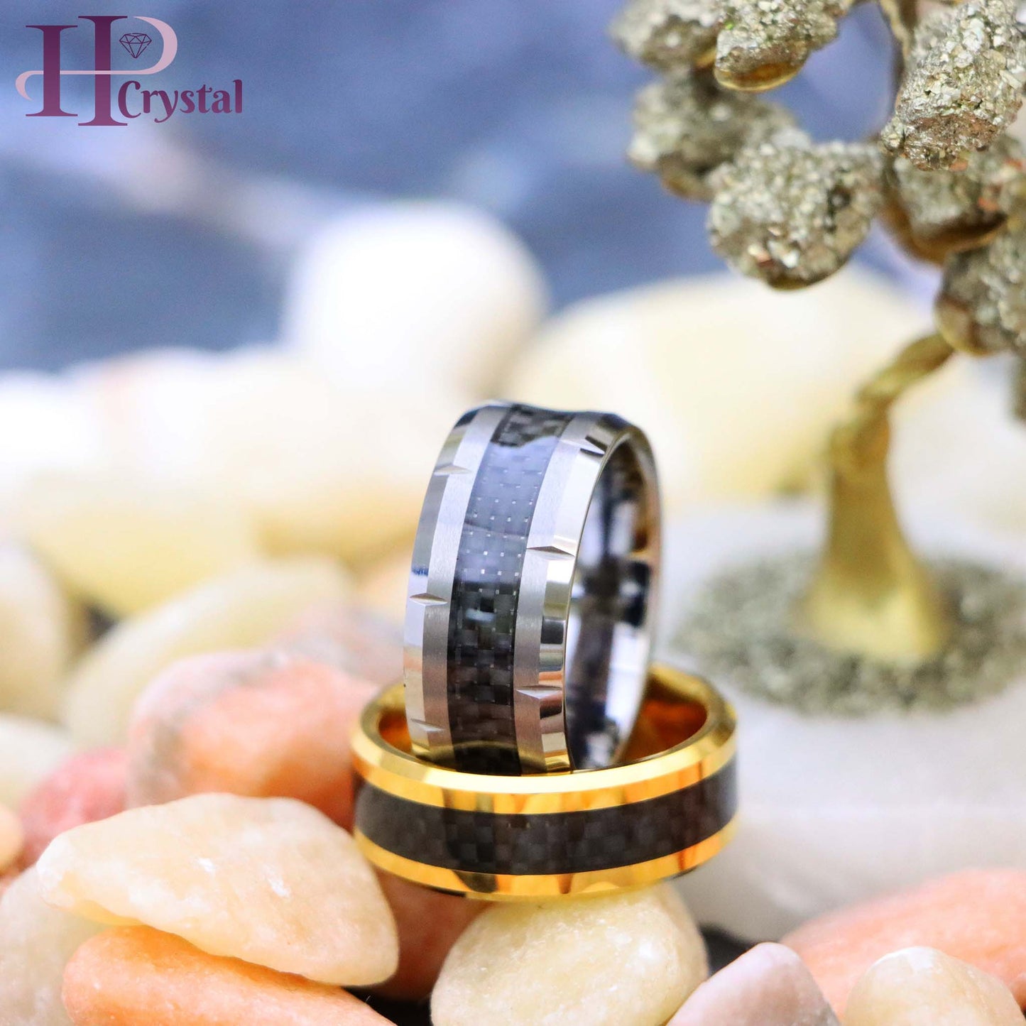 Yellow Gold/Silver Plated High Polish with Black Carbon Fiber Inlay Beveled Edge Tungsten Ring
