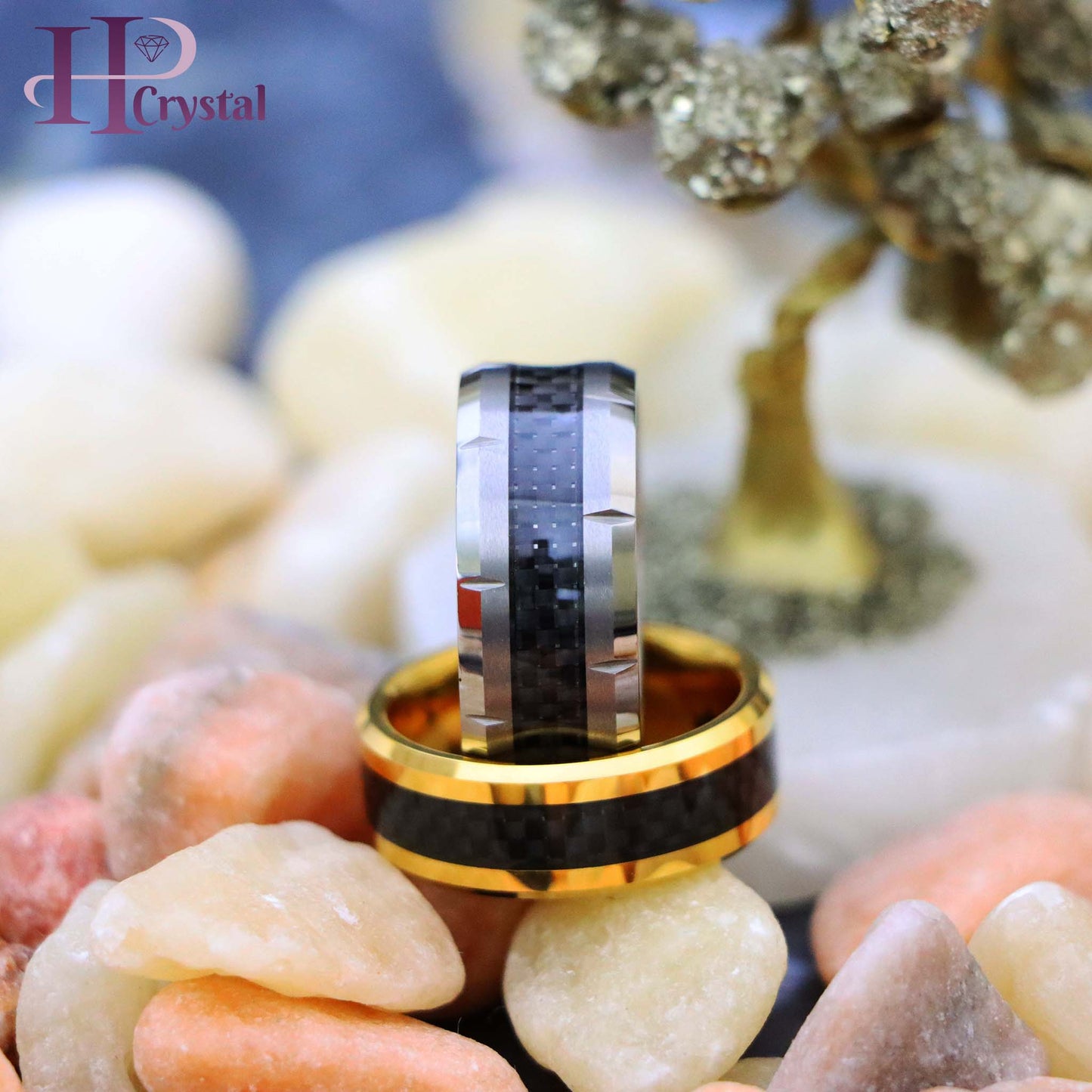 Yellow Gold/Silver Plated High Polish with Black Carbon Fiber Inlay Beveled Edge Tungsten Ring