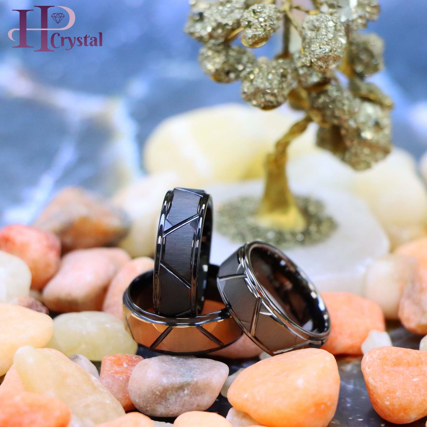 Black IP Brushed /Gun Metal IP Plated Trapezoid Center High Polished Rose Gold IP Grooves & Stepped Edge Tungsten Ring
