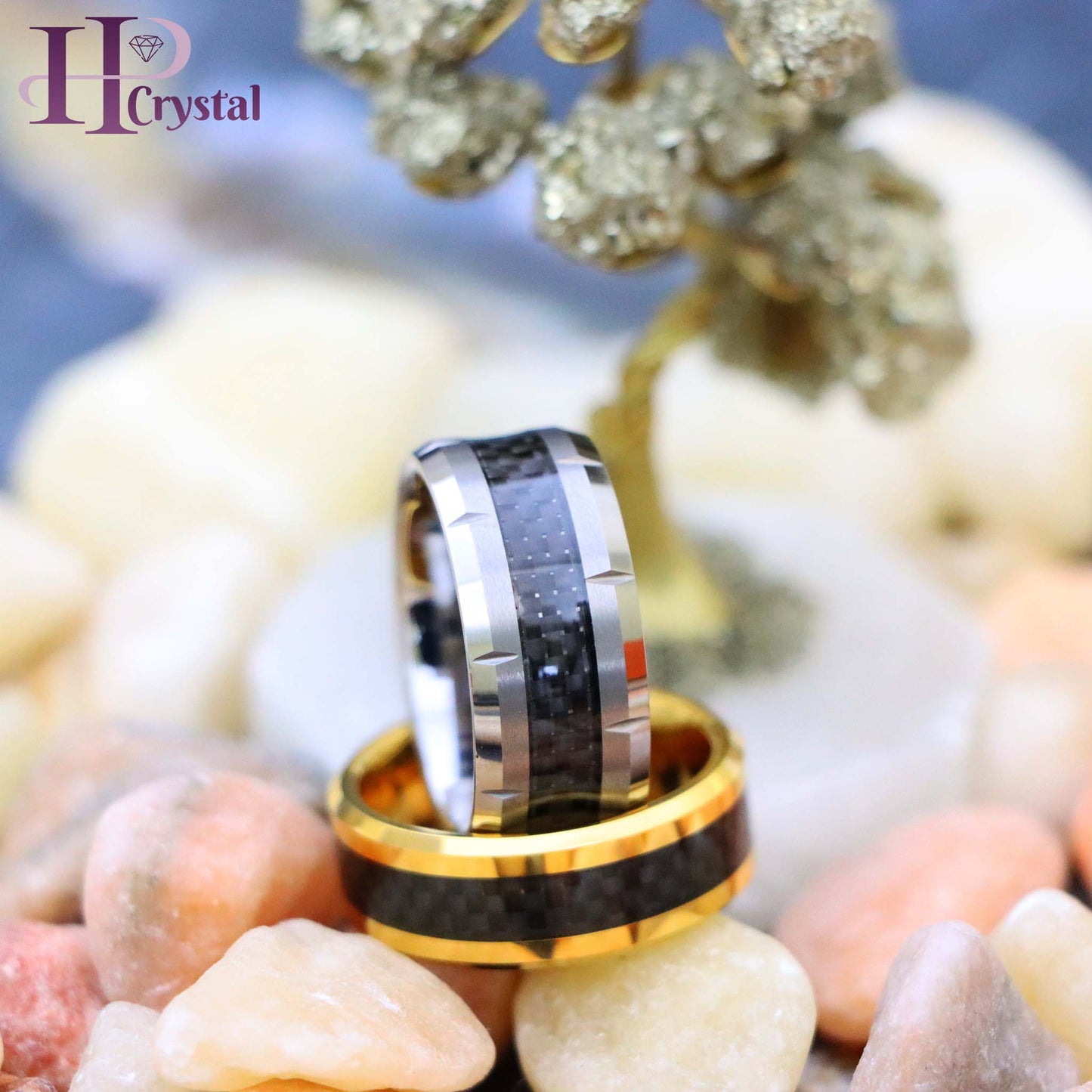 Yellow Gold/Silver Plated High Polish with Black Carbon Fiber Inlay Beveled Edge Tungsten Ring