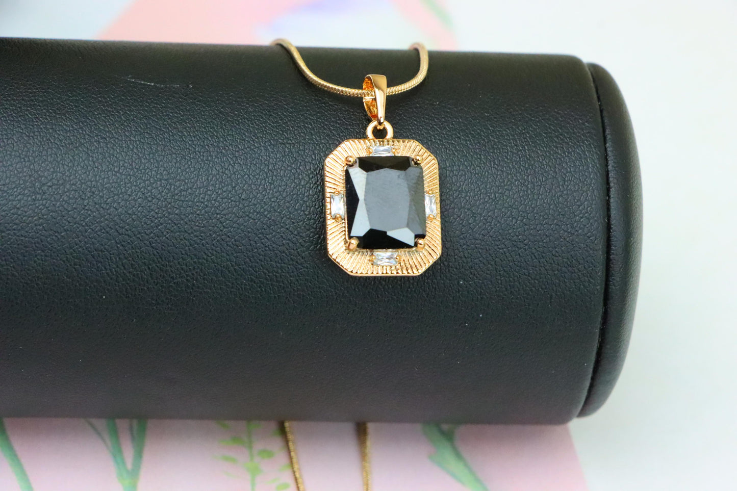 Black Rectangular Pendant with Gold Textured Frame and Accents, XPPT1785 (2162-8)