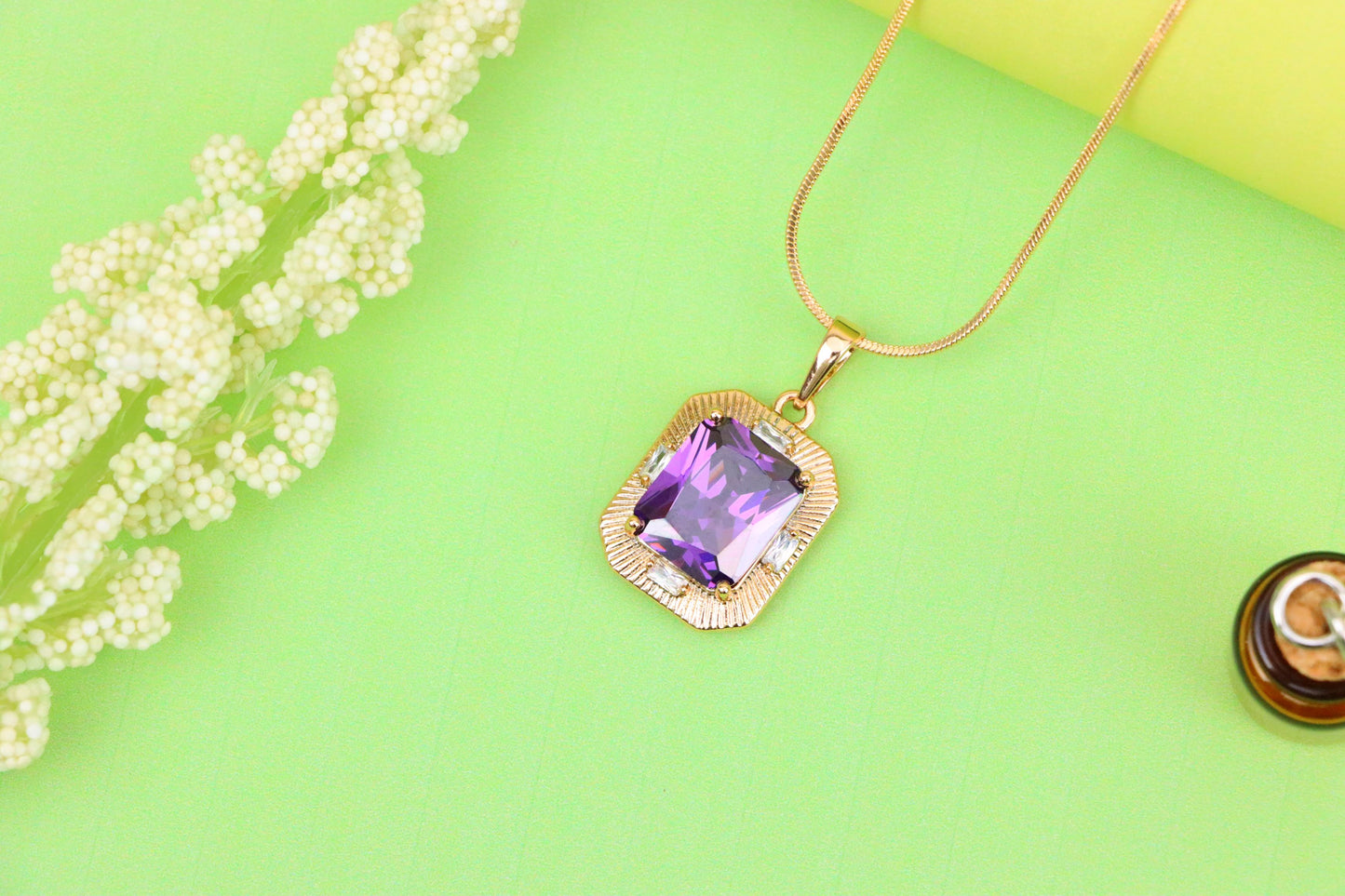 Purple Rectangular Pendant with Gold Frame and Sparkling Accents, XPPT1786 (2162-8)
