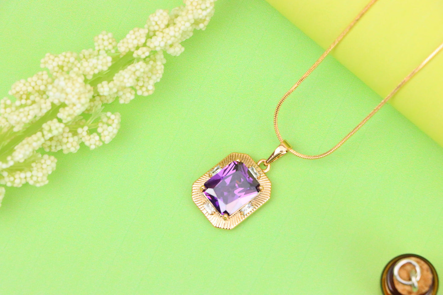 Purple Rectangular Pendant with Gold Frame and Sparkling Accents, XPPT1786 (2162-8)