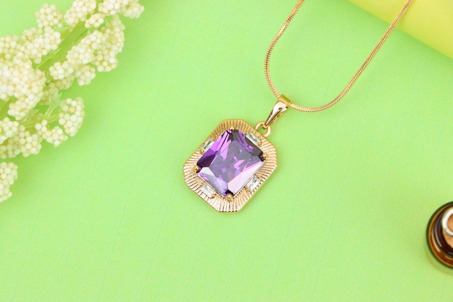 Purple Rectangular Pendant with Gold Frame and Sparkling Accents, XPPT1786 (2162-8)