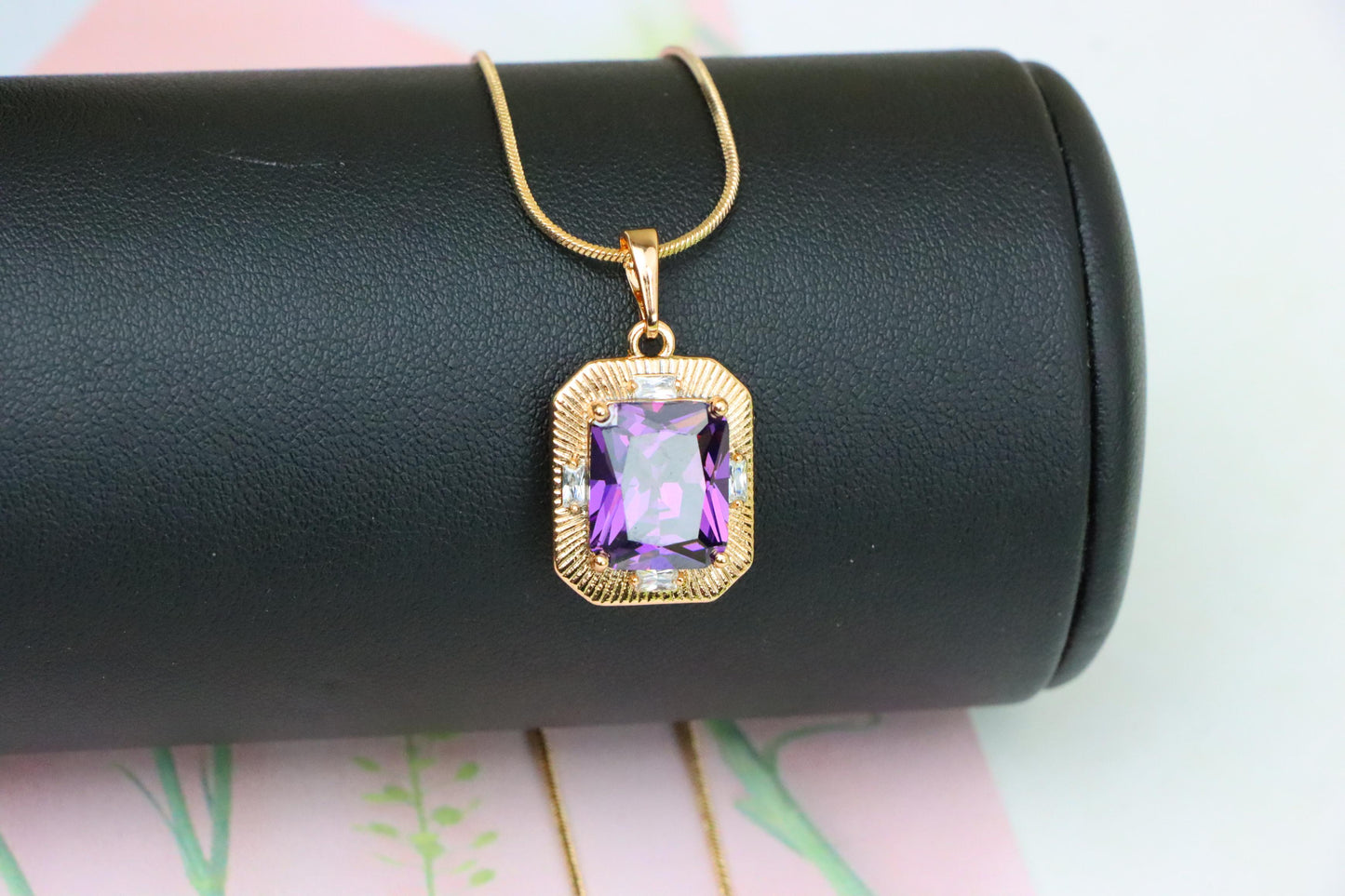 Purple Rectangular Pendant with Gold Frame and Sparkling Accents, XPPT1786 (2162-8)