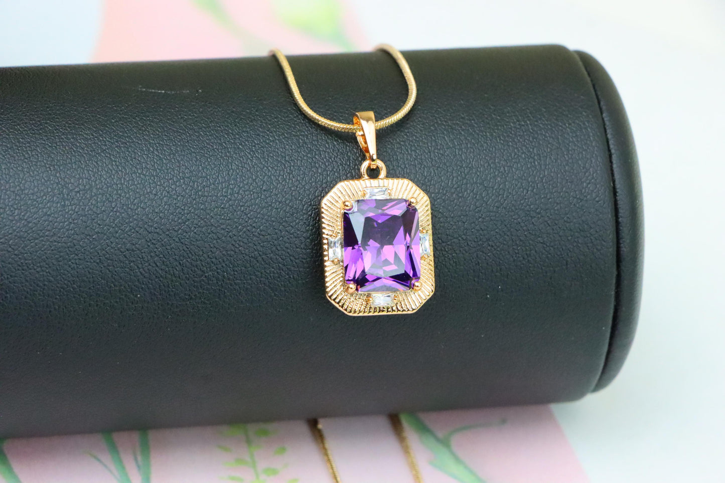 Purple Rectangular Pendant with Gold Frame and Sparkling Accents, XPPT1786 (2162-8)