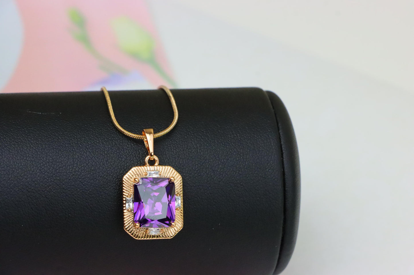 Purple Rectangular Pendant with Gold Frame and Sparkling Accents, XPPT1786 (2162-8)