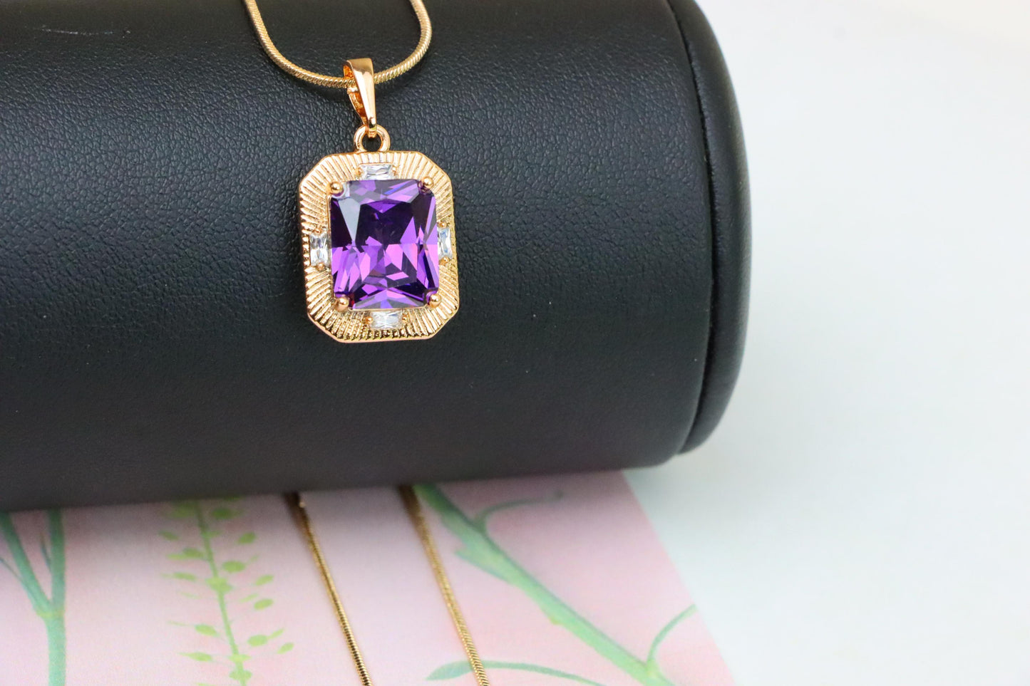 Purple Rectangular Pendant with Gold Frame and Sparkling Accents, XPPT1786 (2162-8)