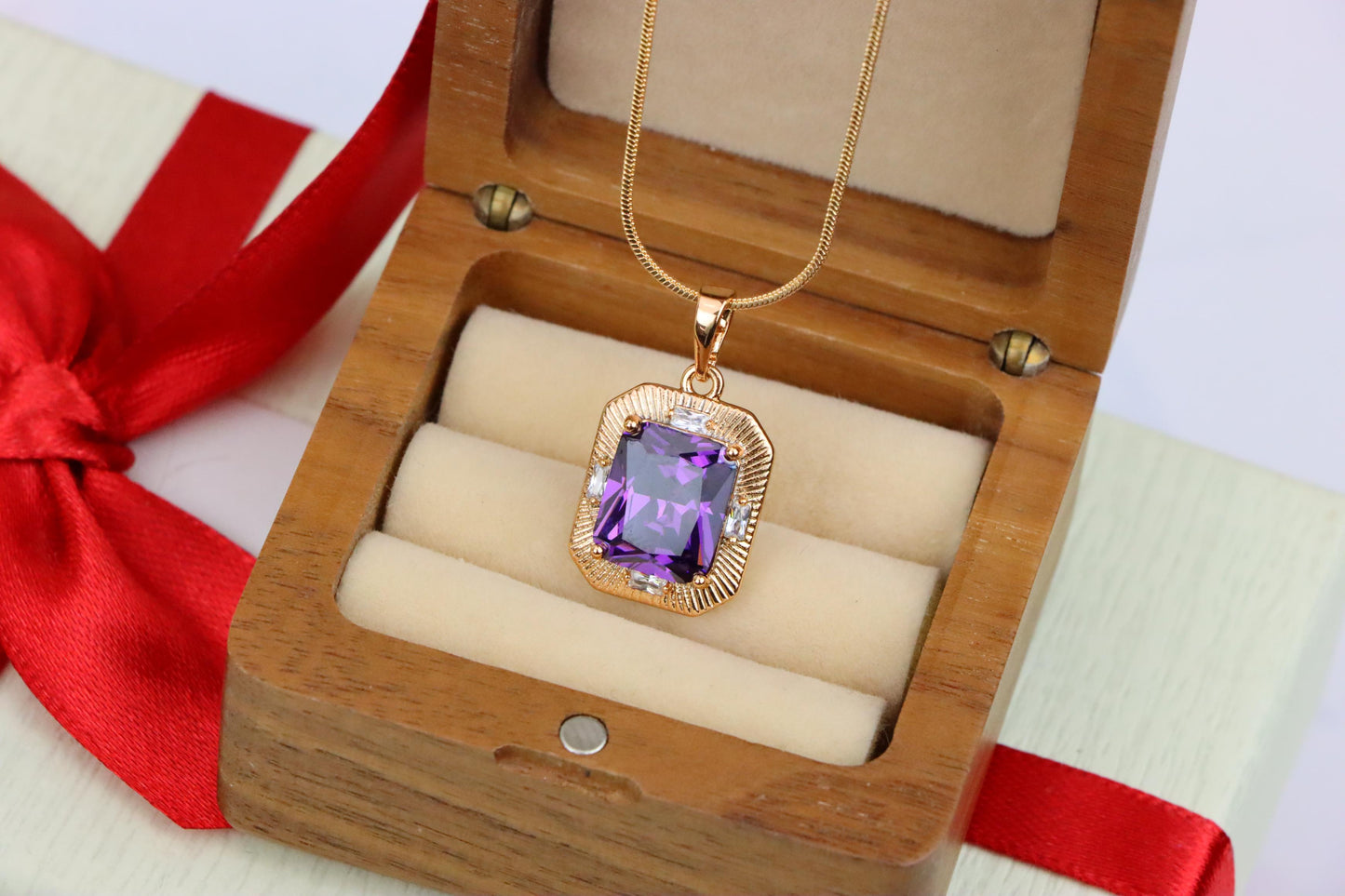 Purple Rectangular Pendant with Gold Frame and Sparkling Accents, XPPT1786 (2162-8)