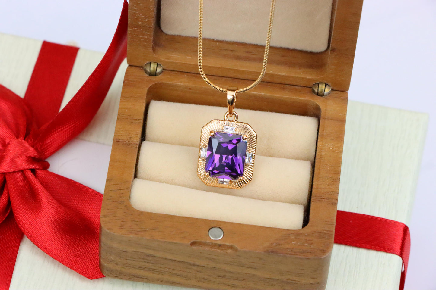 Purple Rectangular Pendant with Gold Frame and Sparkling Accents, XPPT1786 (2162-8)