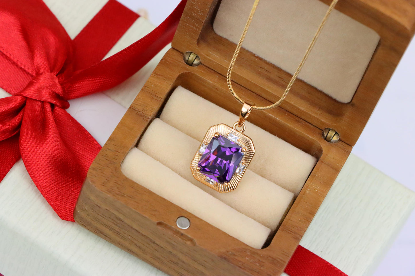 Purple Rectangular Pendant with Gold Frame and Sparkling Accents, XPPT1786 (2162-8)