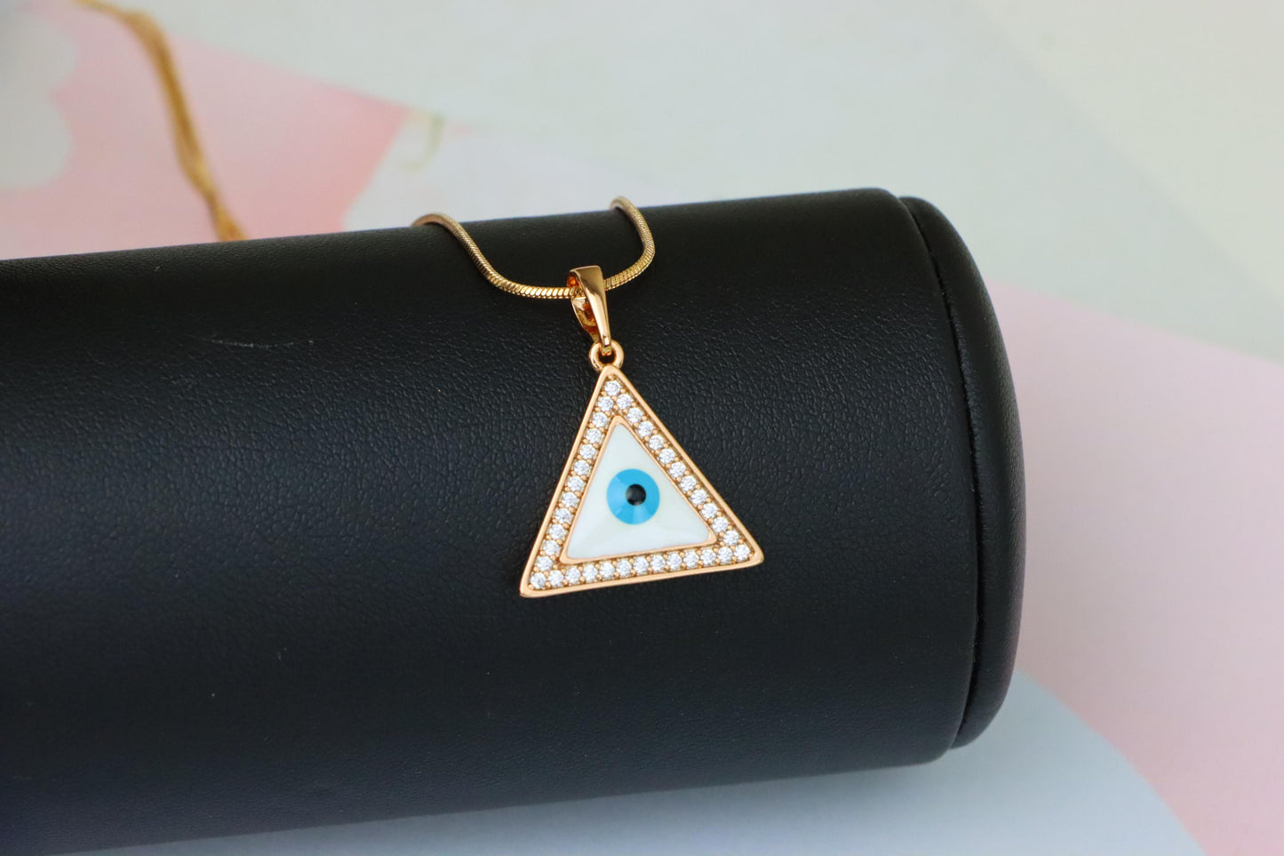 Triangle Evil Eye Rose Gold Pendant with Cubic Zirconia Border, XPPT1474 (2137-3)