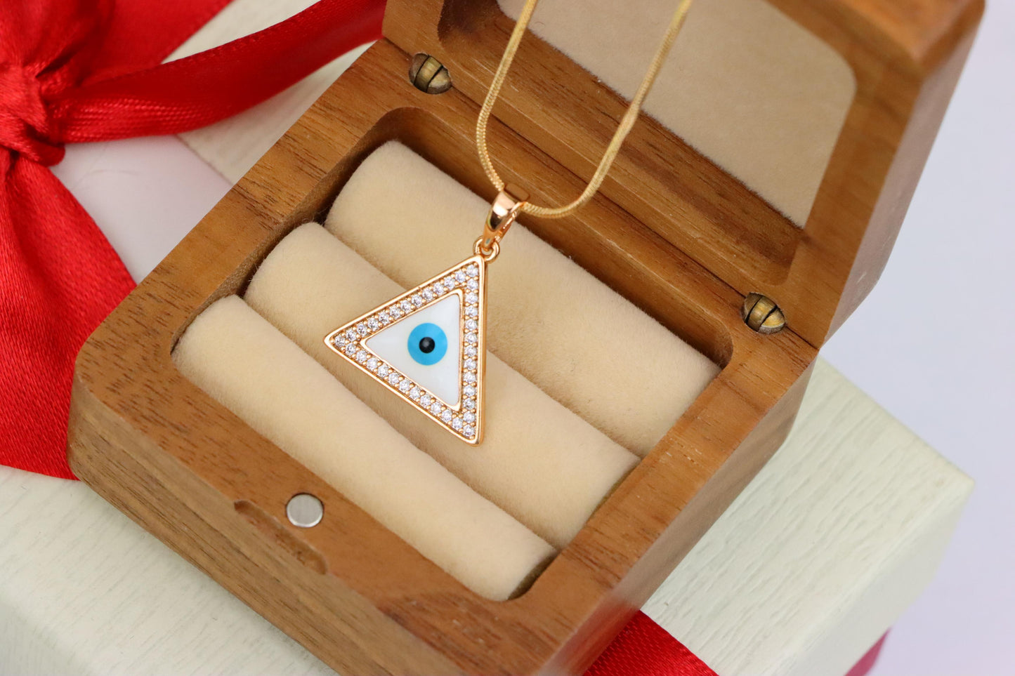 Triangle Evil Eye Rose Gold Pendant with Cubic Zirconia Border, XPPT1474 (2137-3)