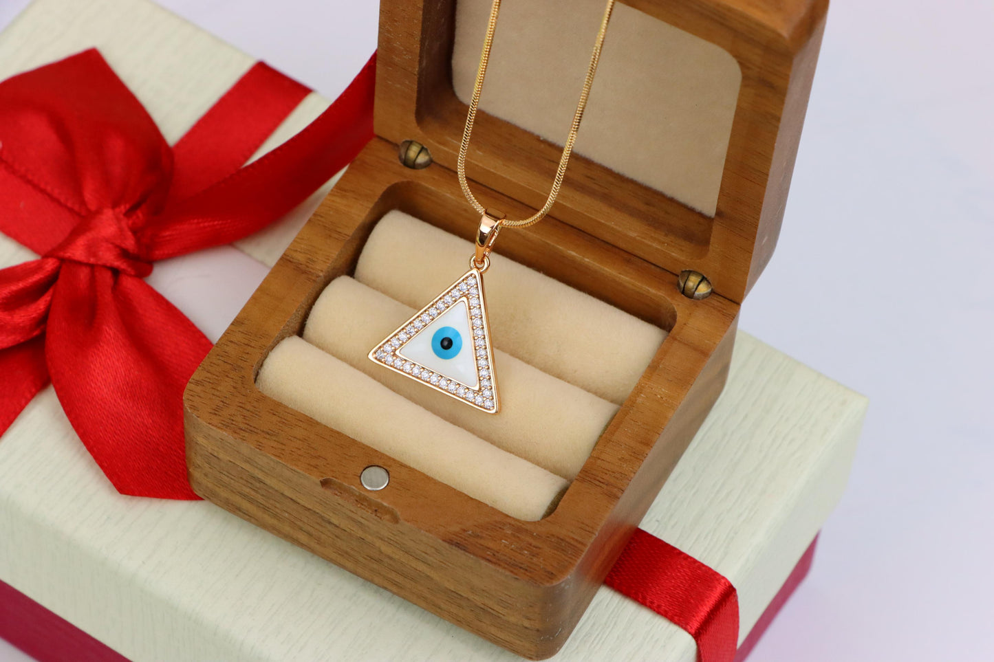 Triangle Evil Eye Rose Gold Pendant with Cubic Zirconia Border, XPPT1474 (2137-3)
