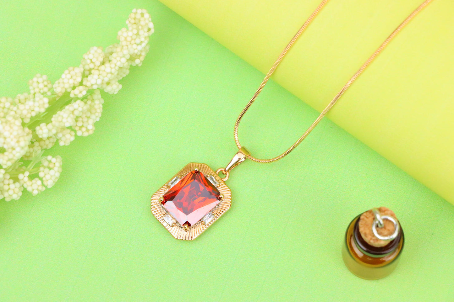 Red Rectangle Pendant with Gold Frame and Sparkling Stone Accents, XPPT1787 (2162-8)
