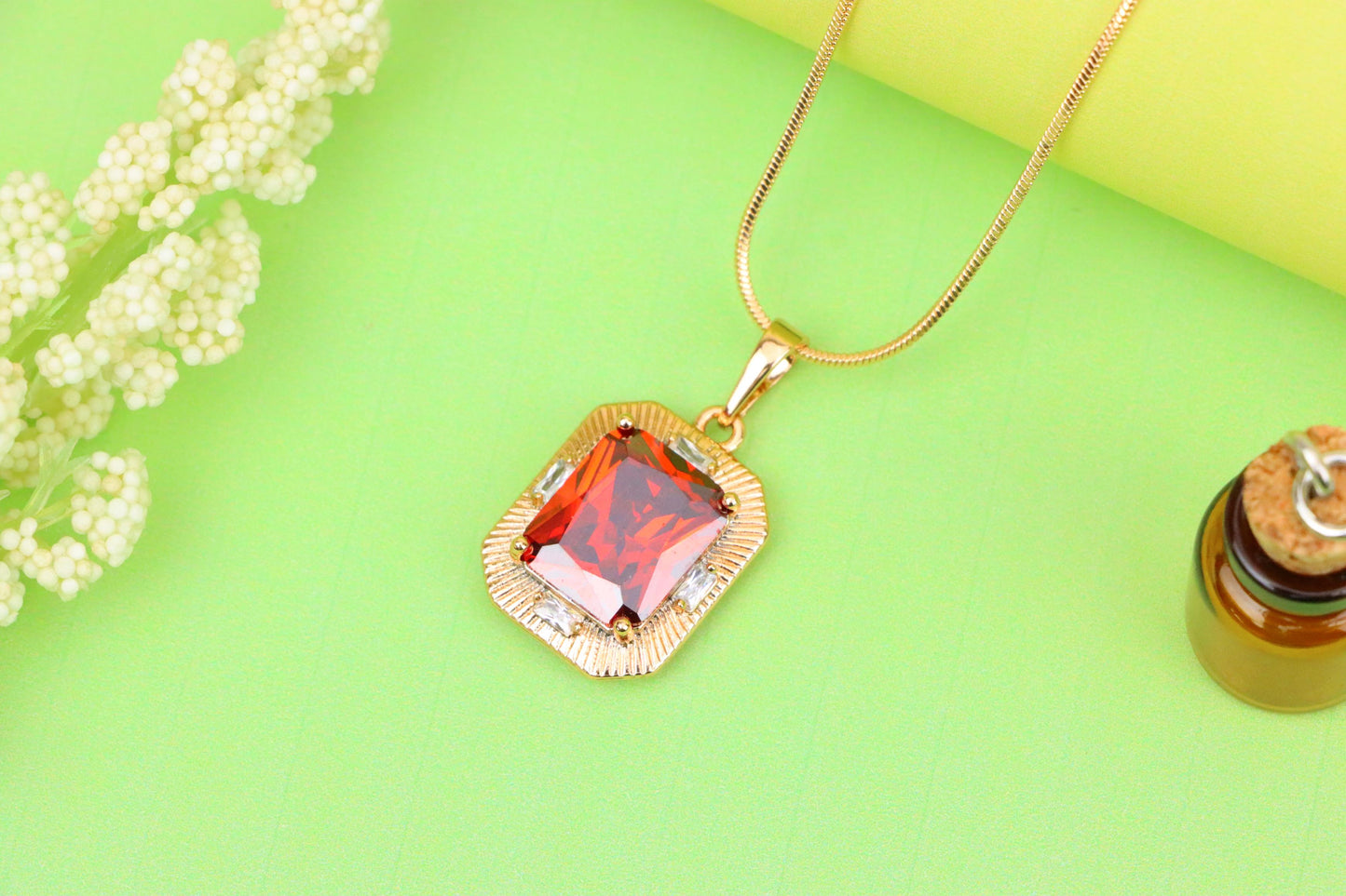 Red Rectangle Pendant with Gold Frame and Sparkling Stone Accents, XPPT1787 (2162-8)