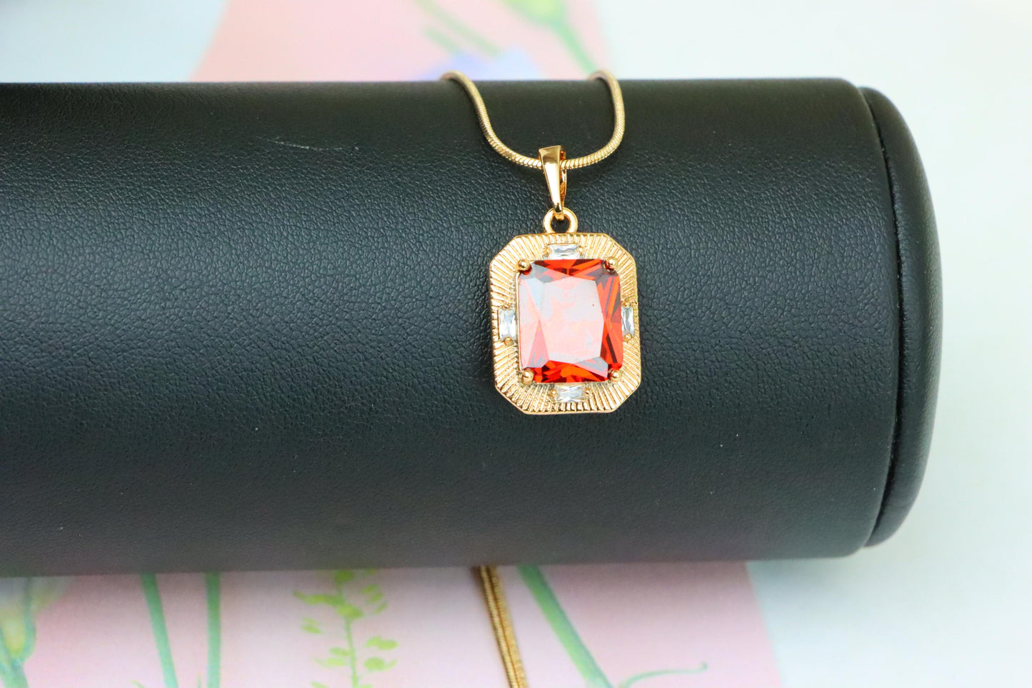 Red Rectangle Pendant with Gold Frame and Sparkling Stone Accents, XPPT1787 (2162-8)