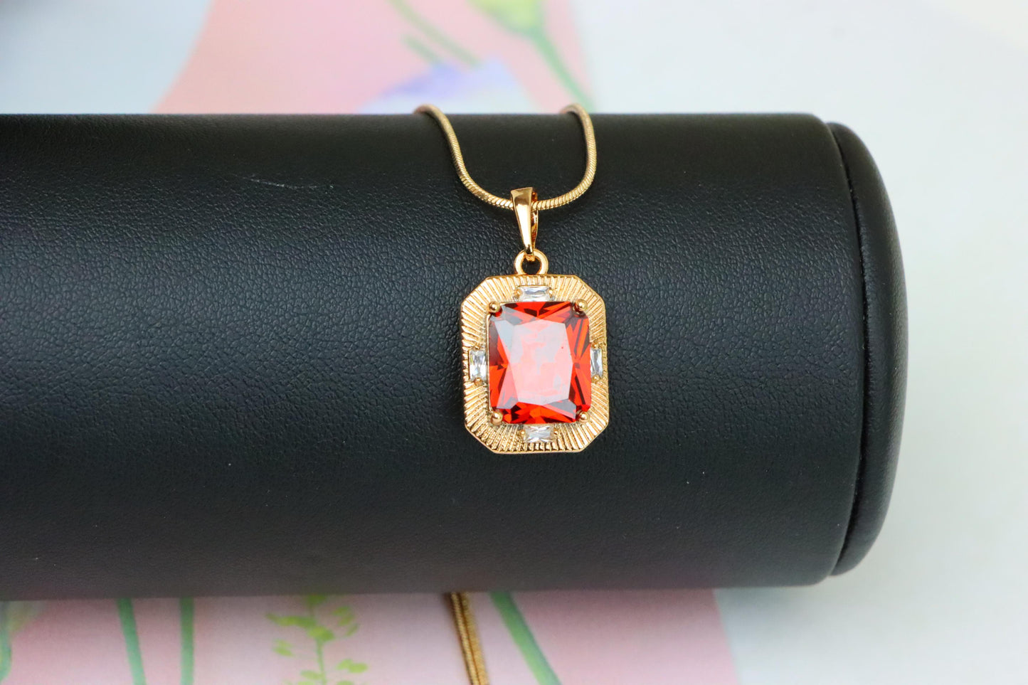 Red Rectangle Pendant with Gold Frame and Sparkling Stone Accents, XPPT1787 (2162-8)