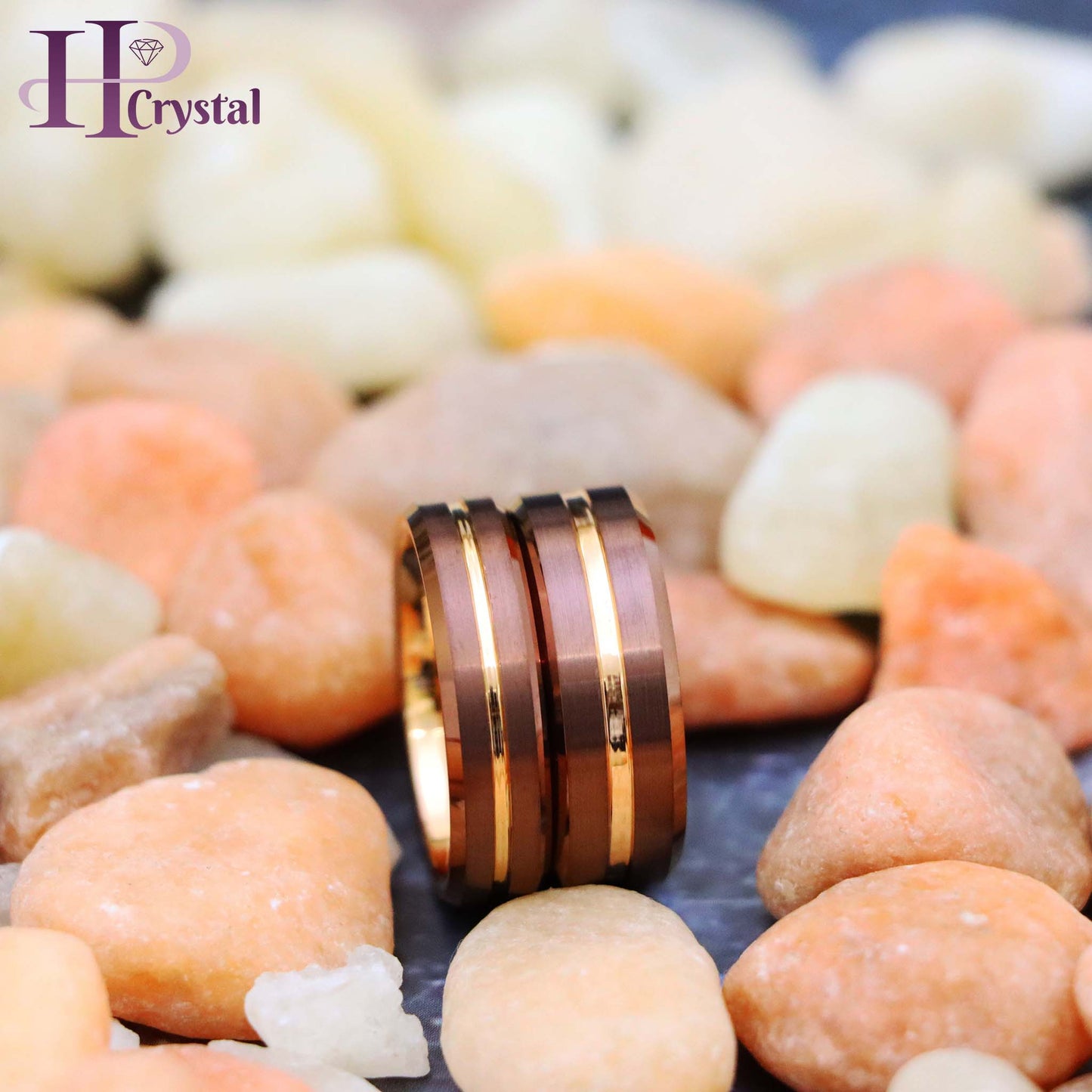 Beveled Edge Brushed Brown IP Plated Outside with Rose Gold IP Plated Grooved Center & Inside Tungsten Ring