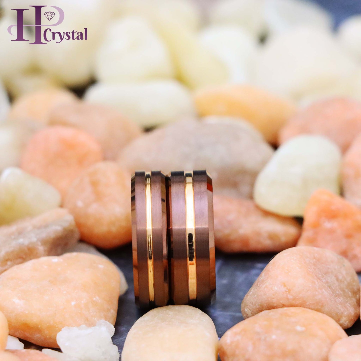 Beveled Edge Brushed Brown IP Plated Outside with Rose Gold IP Plated Grooved Center & Inside Tungsten Ring