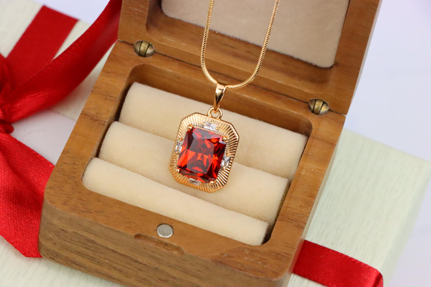 Red Rectangle Pendant with Gold Frame and Sparkling Stone Accents, XPPT1787 (2162-8)