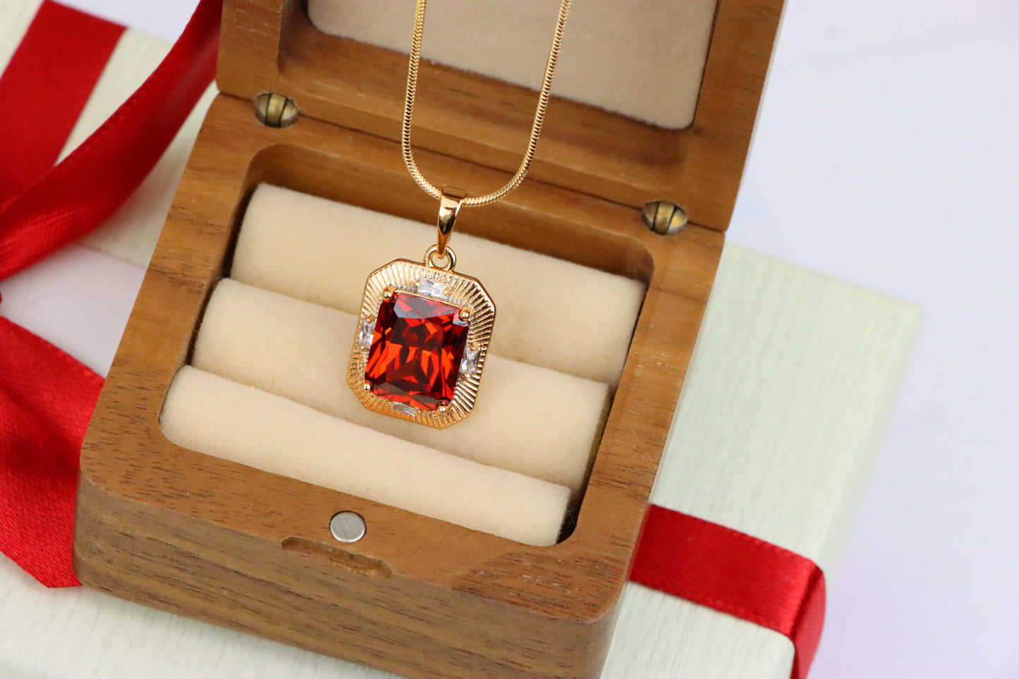 Red Rectangle Pendant with Gold Frame and Sparkling Stone Accents, XPPT1787 (2162-8)