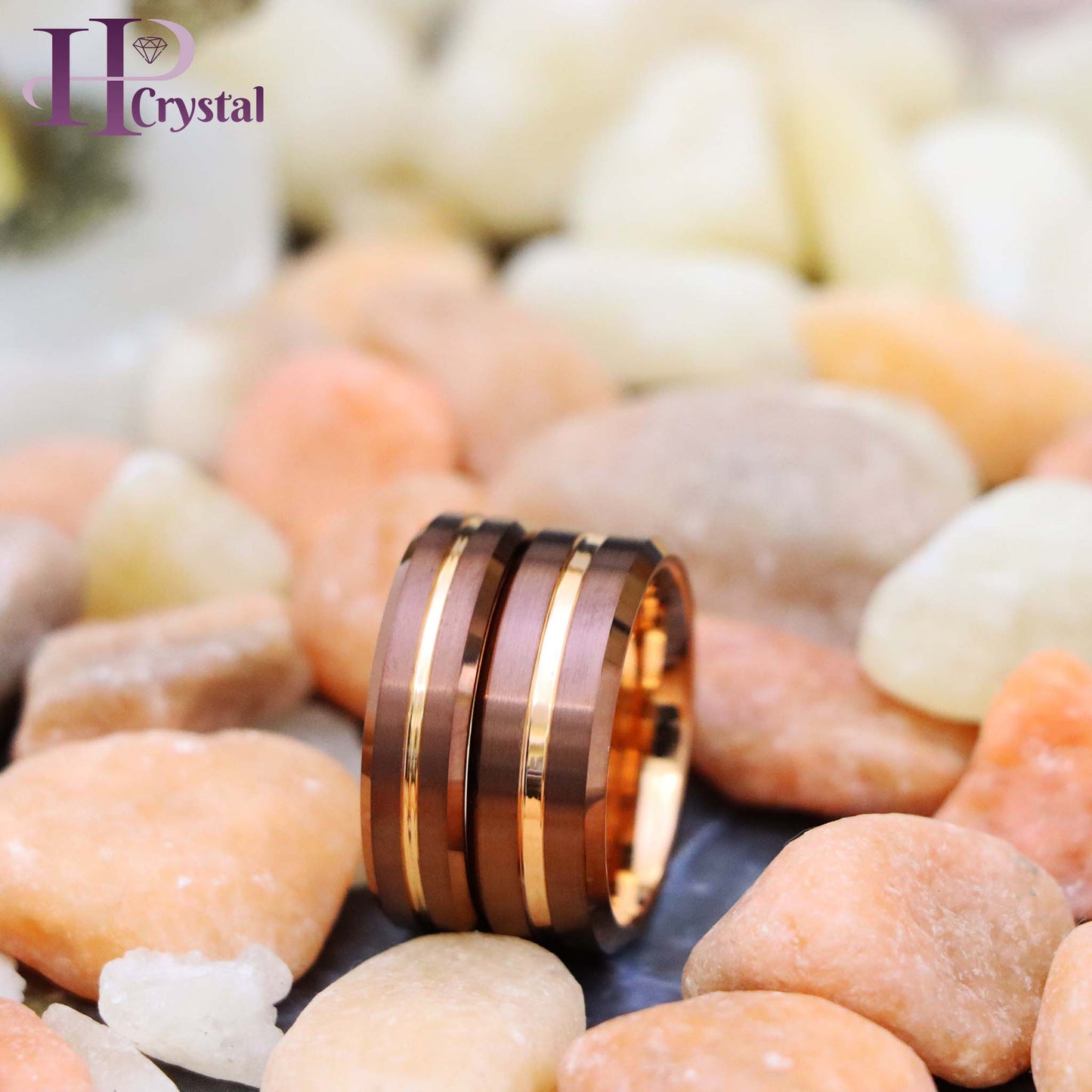 Beveled Edge Brushed Brown IP Plated Outside with Rose Gold IP Plated Grooved Center & Inside Tungsten Ring