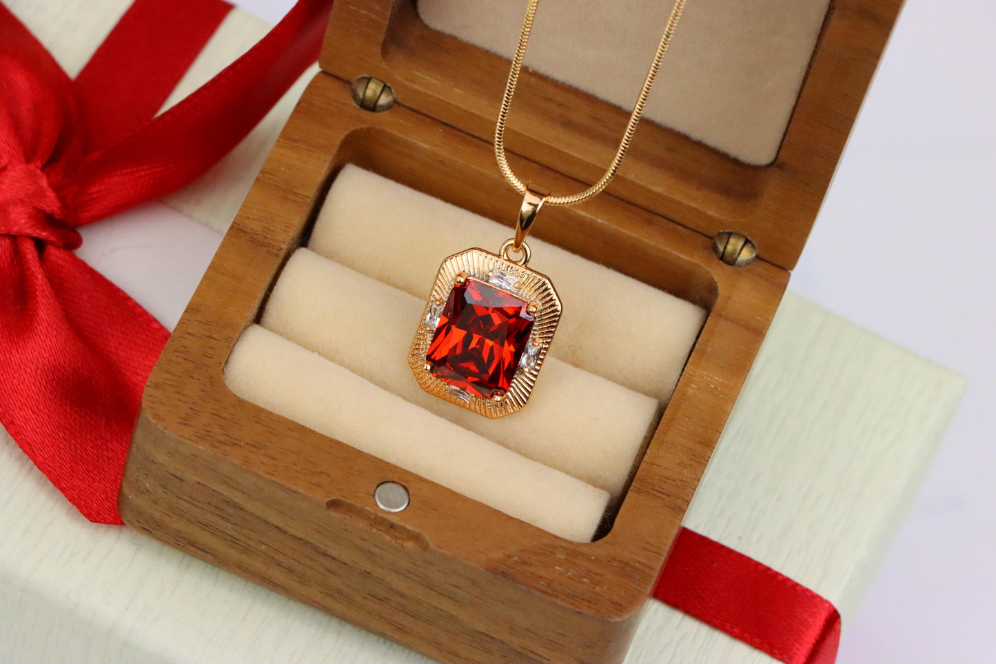 Red Rectangle Pendant with Gold Frame and Sparkling Stone Accents, XPPT1787 (2162-8)