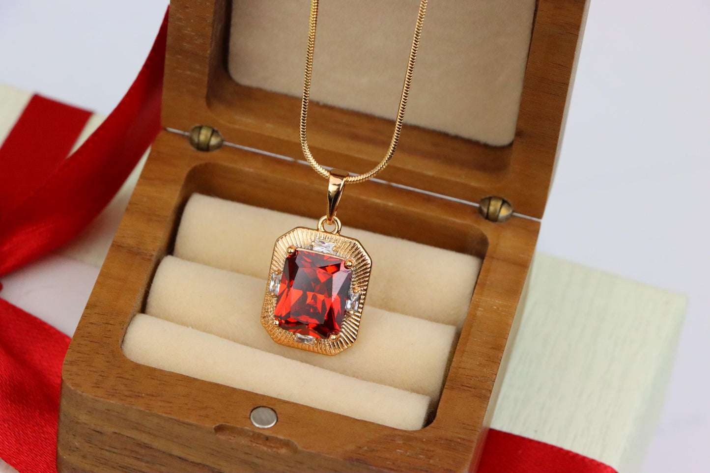 Red Rectangle Pendant with Gold Frame and Sparkling Stone Accents, XPPT1787 (2162-8)