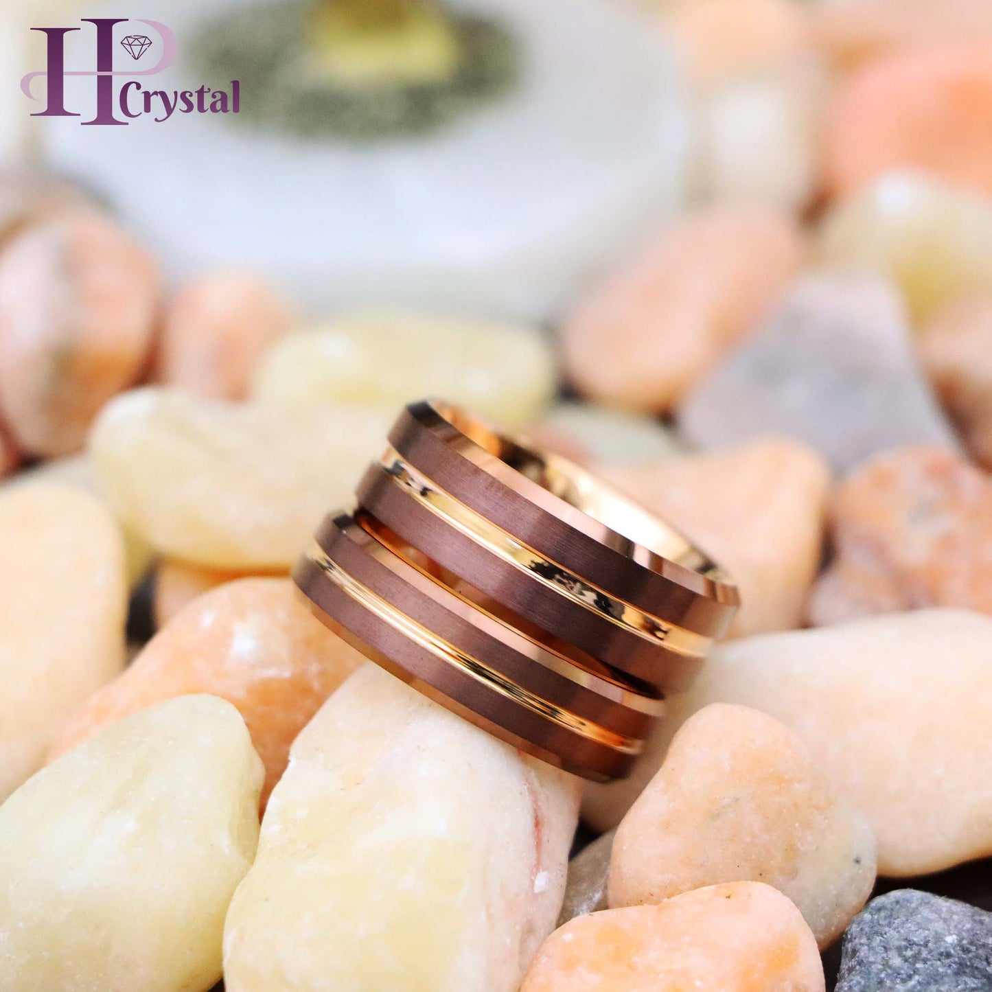 Beveled Edge Brushed Brown IP Plated Outside with Rose Gold IP Plated Grooved Center & Inside Tungsten Ring