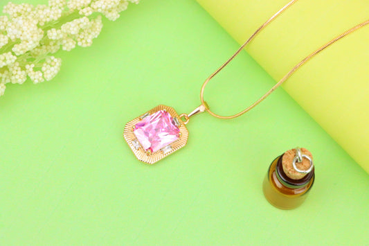 Pink Sparkling Pendant with Gold Frame and Baguette Accents, XPPT1788 (2162-8)