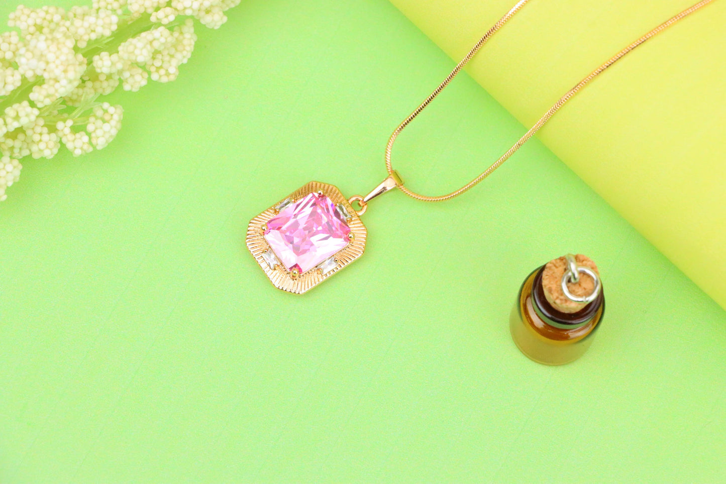 Pink Sparkling Pendant with Gold Frame and Baguette Accents, XPPT1788 (2162-8)