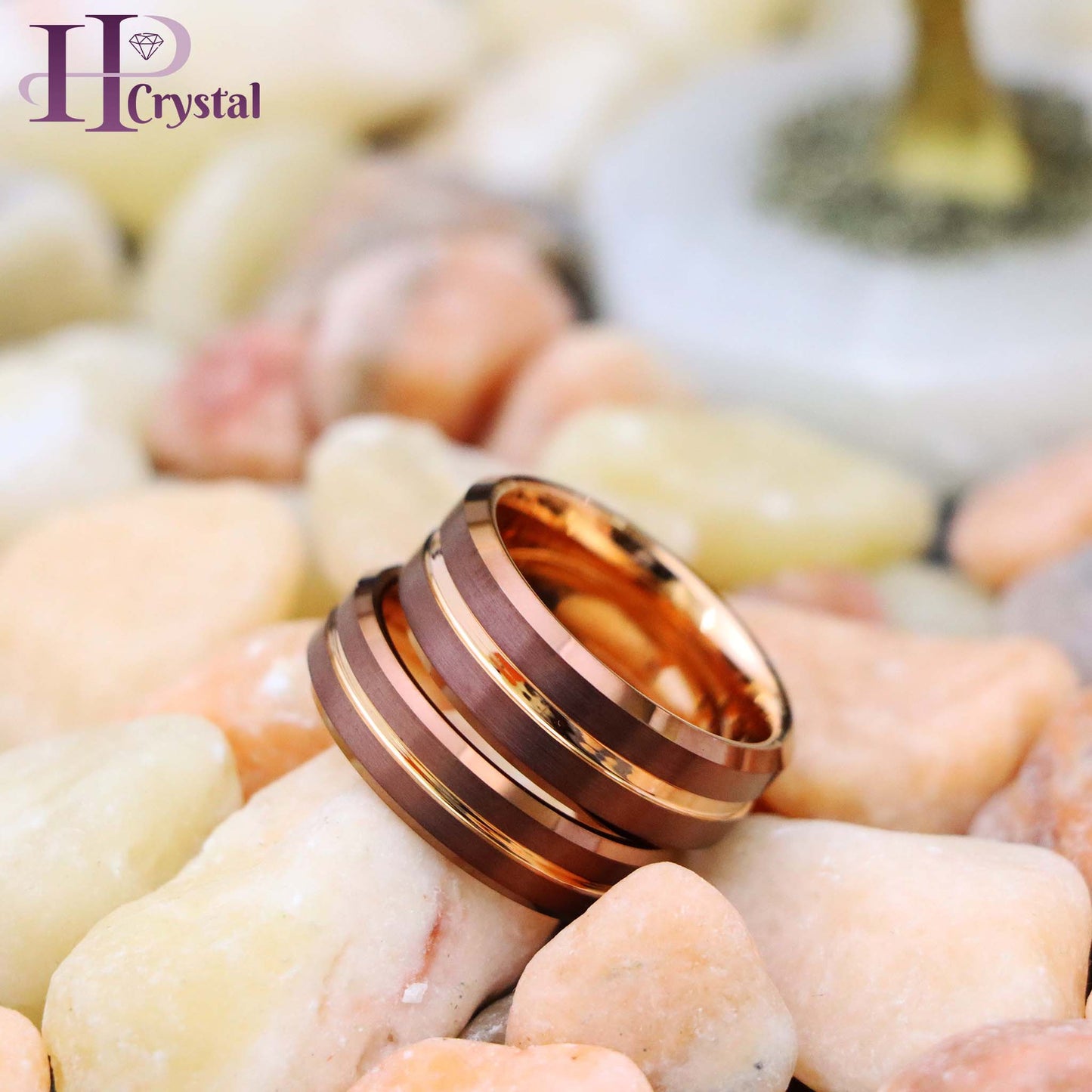 Beveled Edge Brushed Brown IP Plated Outside with Rose Gold IP Plated Grooved Center & Inside Tungsten Ring