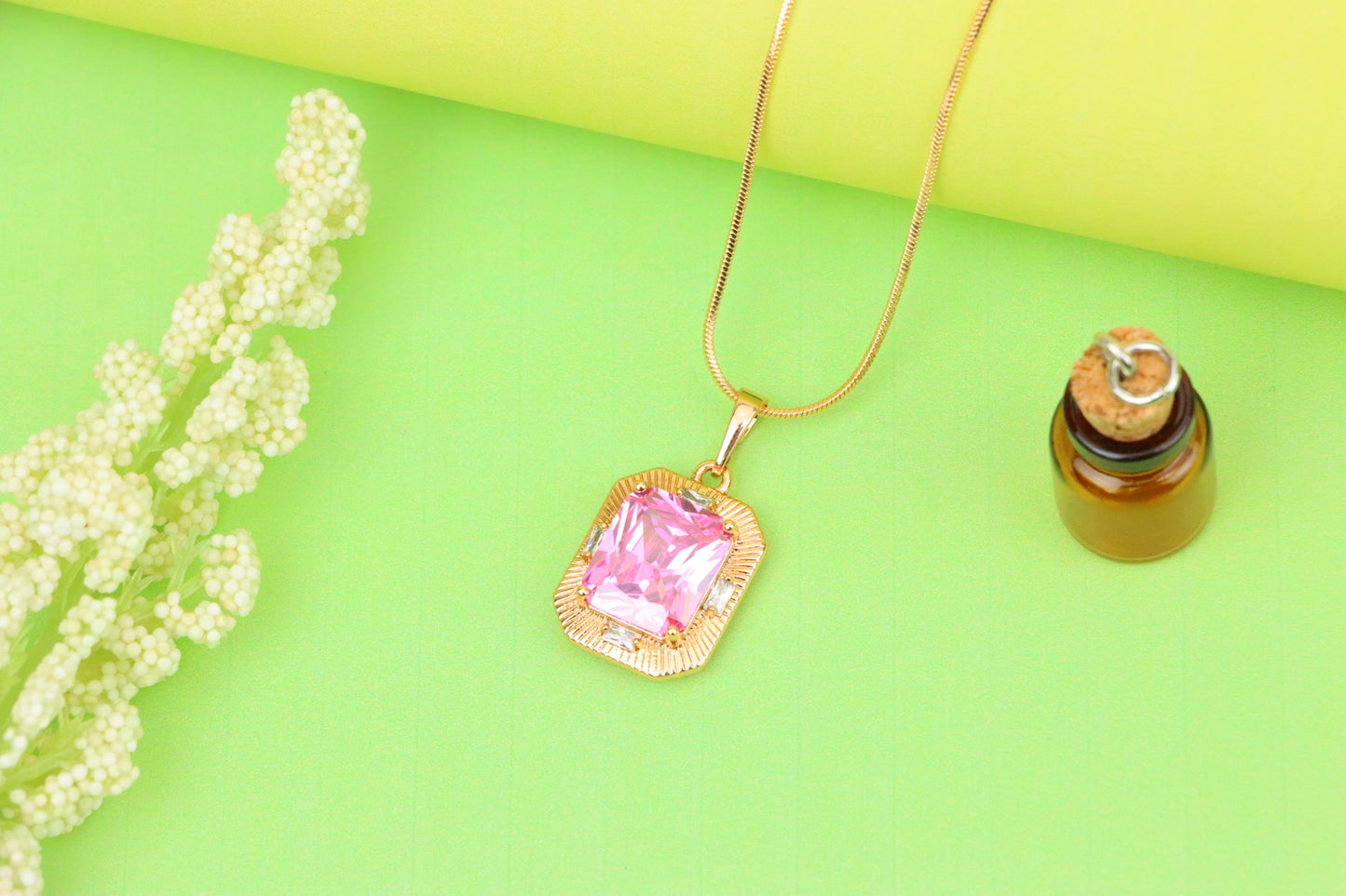 Pink Sparkling Pendant with Gold Frame and Baguette Accents, XPPT1788 (2162-8)