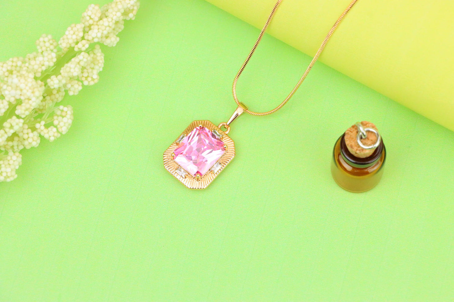 Pink Sparkling Pendant with Gold Frame and Baguette Accents, XPPT1788 (2162-8)