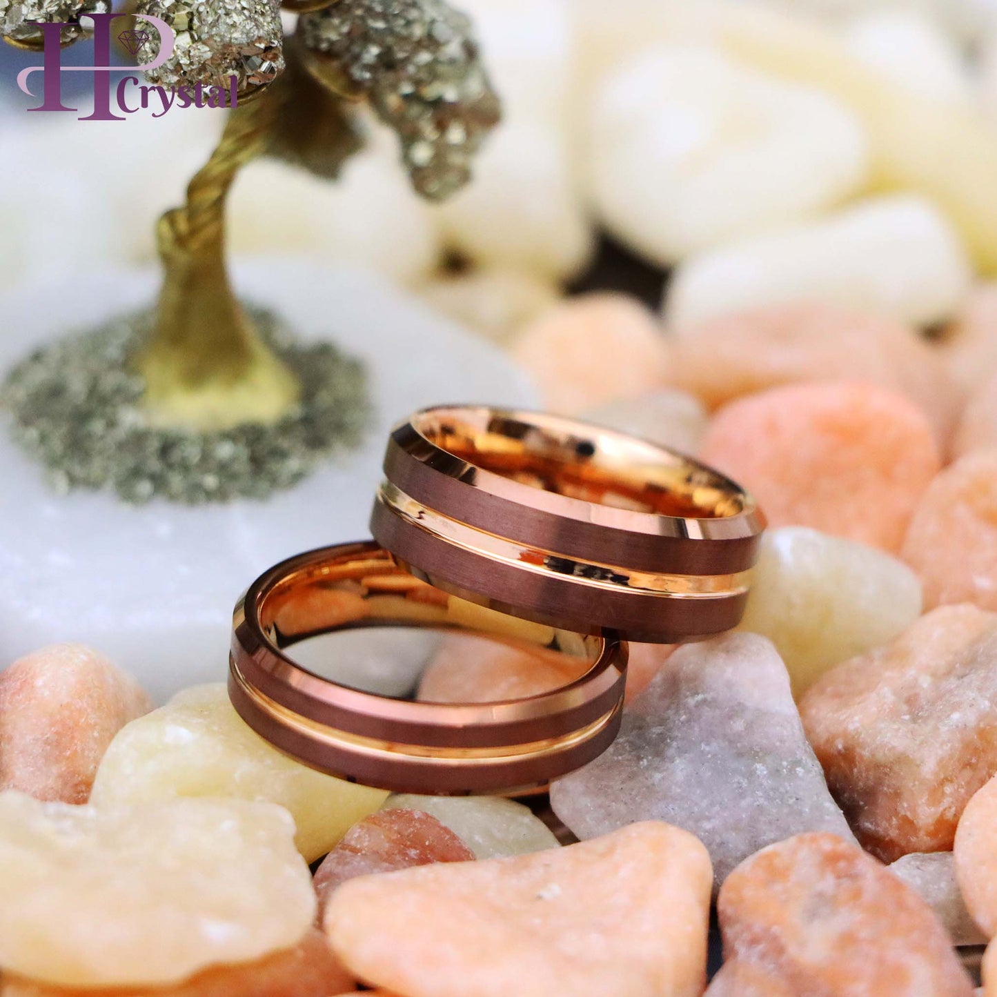 Beveled Edge Brushed Brown IP Plated Outside with Rose Gold IP Plated Grooved Center & Inside Tungsten Ring