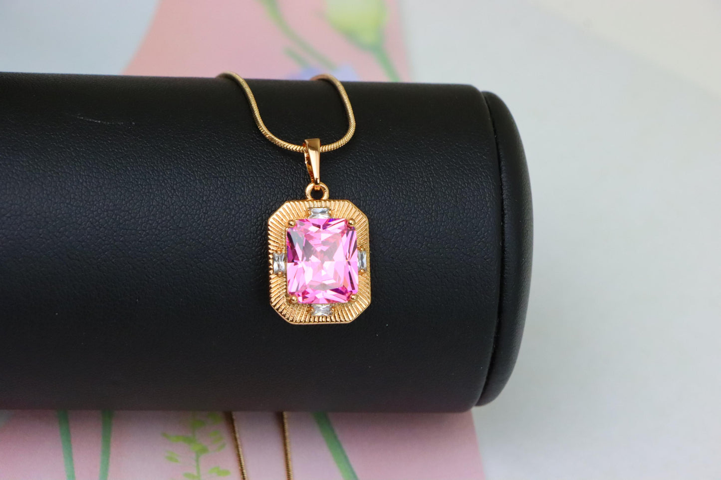 Pink Sparkling Pendant with Gold Frame and Baguette Accents, XPPT1788 (2162-8)