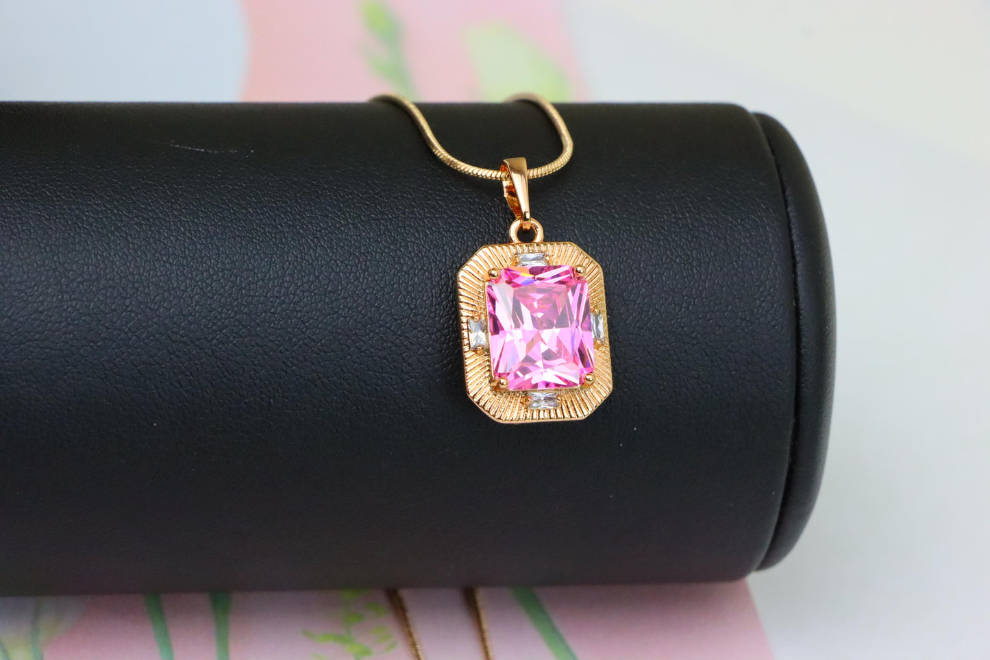 Pink Sparkling Pendant with Gold Frame and Baguette Accents, XPPT1788 (2162-8)