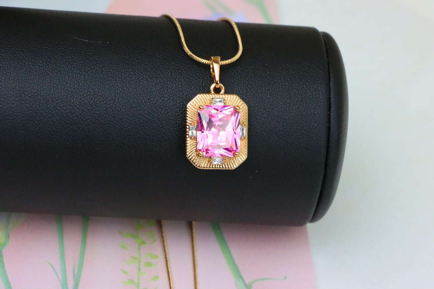 Pink Sparkling Pendant with Gold Frame and Baguette Accents, XPPT1788 (2162-8)