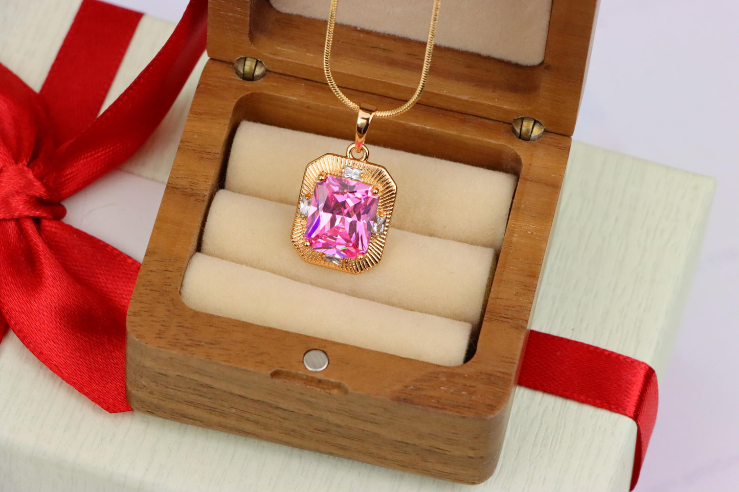 Pink Sparkling Pendant with Gold Frame and Baguette Accents, XPPT1788 (2162-8)