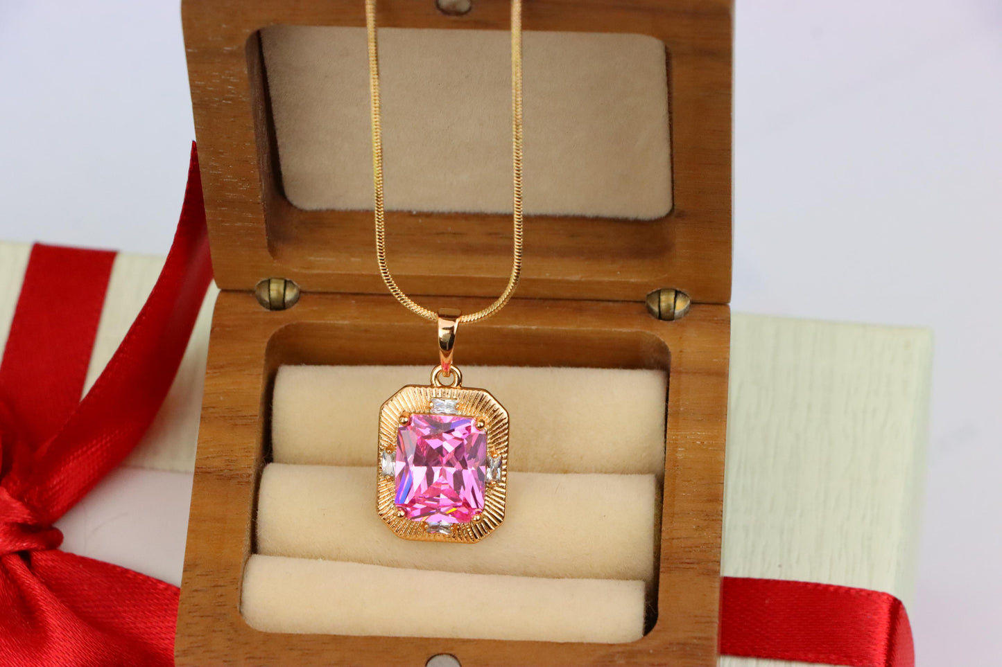 Pink Sparkling Pendant with Gold Frame and Baguette Accents, XPPT1788 (2162-8)